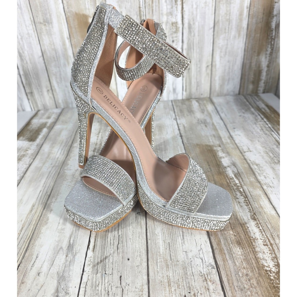 Delicacy Silver Rhinestone Platform Sandals Square Toe Stiletto Heels Size 8